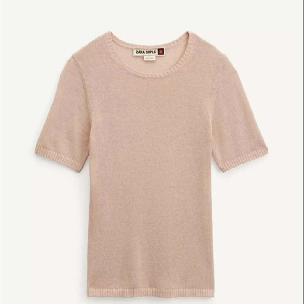 Zara Knit Short Sleeve T-Shirt Taupe Brown Womens Size L Ref 3039/449